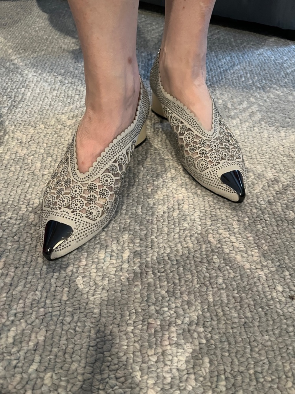 Lace-Pattern Pointed Toe Women’s Shoes in Beige with Black Cap
